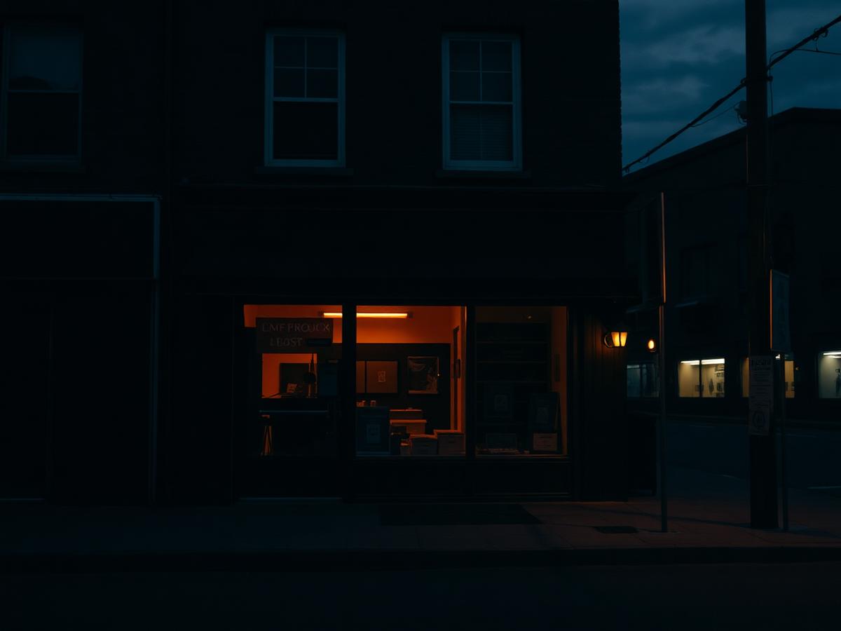 Local storefront lit up at dusk